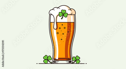 Glass of beer topped with foam and shamrocks for St. Patrick's Day celebration, Pint of beer