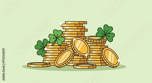 Stack of gold coins with shamrocks for St. Patrick's Day celebration and good fortune
