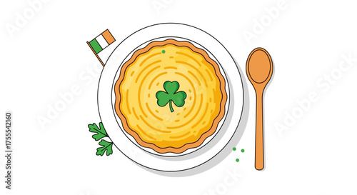 Shepherd's pie served in a bowl with shamrock decoration and Irish flag for festive warmth