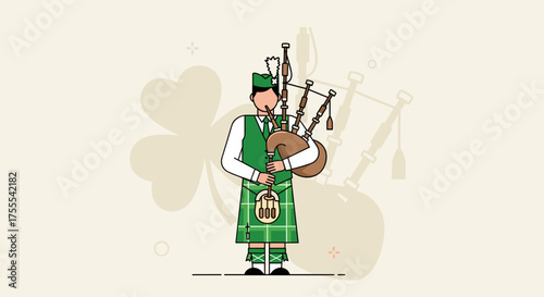 Scottish bagpiper in traditional attire playing music during St. Patrick's Day celebration