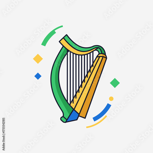 Colorful harp illustration with decorative elements for Irish culture and music representation