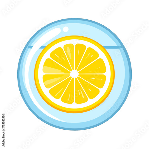 Vibrant Yellow Lemon Slice Floating in Clear Blue Glass of Water on White Background