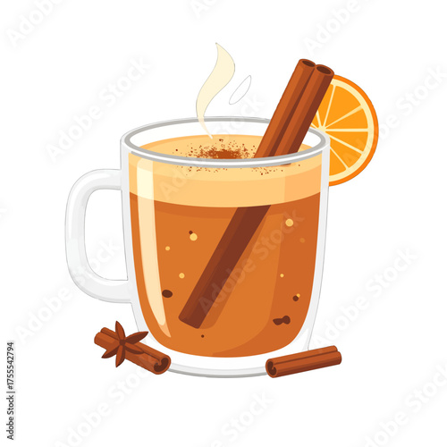Steaming Mulled Cider Glass with Cinnamon Sticks and Orange Slice Isolated on White Background