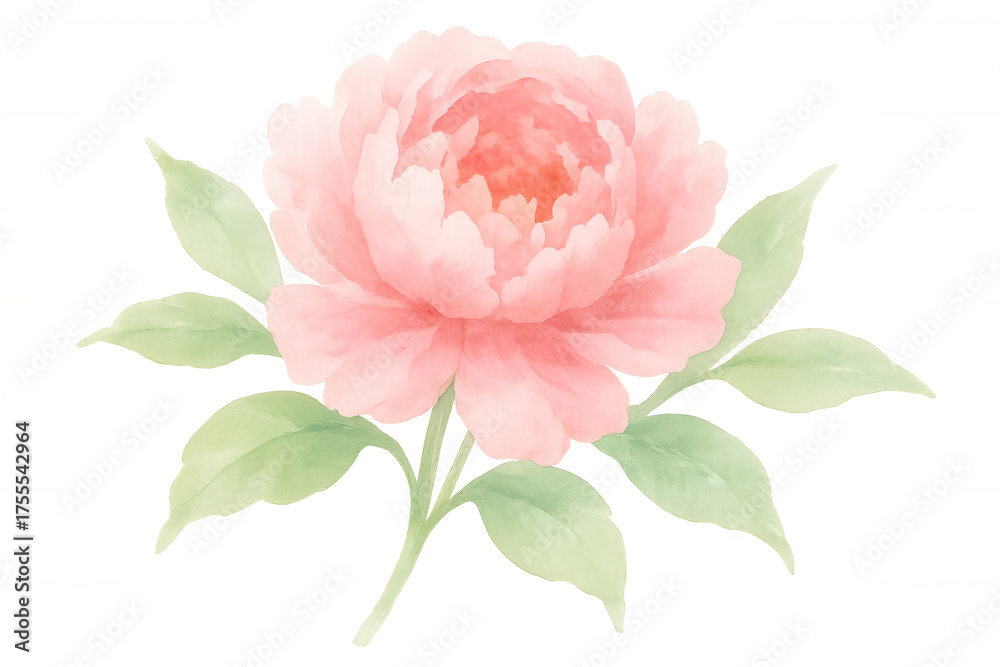 Fototapeta premium Peony flower watercolor illustration with delicate pink petals and green leaves, transparent background