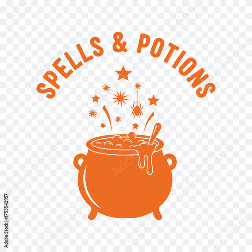 A vintage-style logo featuring a bubbling cauldron with stars, labeled 'Spells & Potions' in orange text.