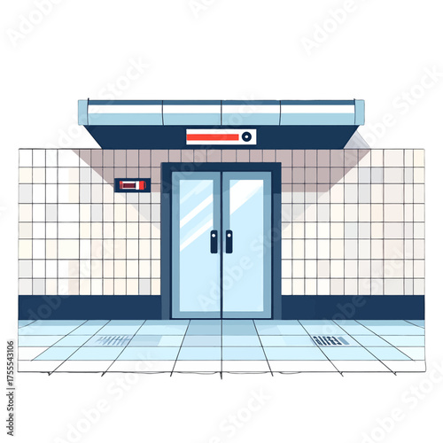 Pixel Art Style Entrance of Subway Station with Glass Doors and Rectangular Signboard in Light Blue and White Tones