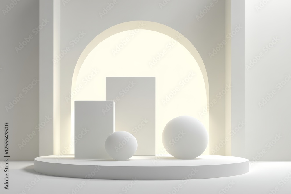 Fototapeta premium Minimal 3D scene with soft white geometric shapes, showcasing balance, simplicity, and elegance.