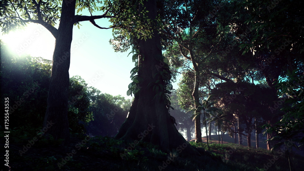 Obraz premium Golden sunlight streams through a thick canopy of leaves, illuminating the tall trees in a vibrant and serene forest. The atmosphere feels fresh and enchanting, inviting exploration.