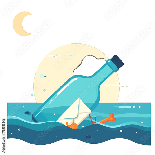 Turquoise Bottle Containing a White Letter Floating on Blue Ocean Waves With Orange Fish and Moon Graphic Illustration