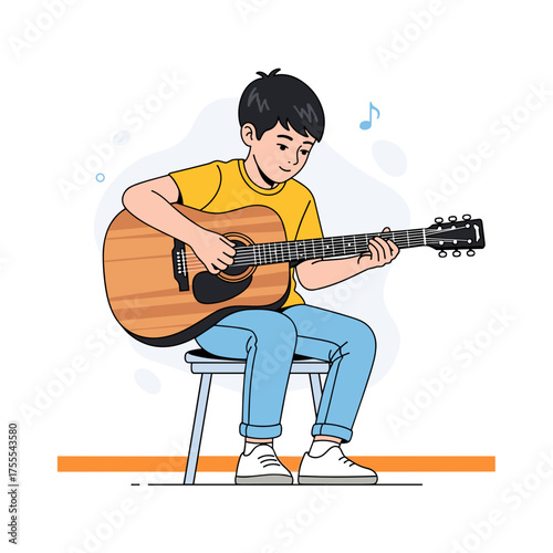 A boy playing acoustic guitar joyfully while sitting on a chair indoors