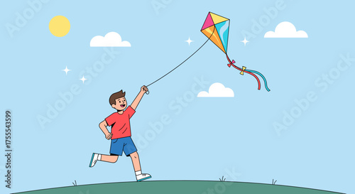 Child flying a colorful kite happily in a sunny park with blue sky and clouds