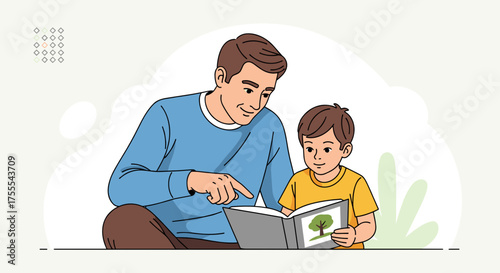 father and son reading a book together with joy in a light background 