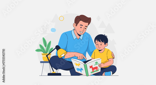 Father teaching his son while reading an educational book in a cozy illustration