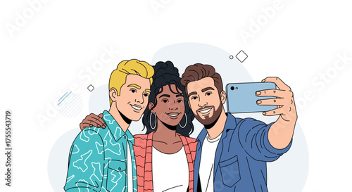 Friends capturing a fun selfie together in a vibrant illustration