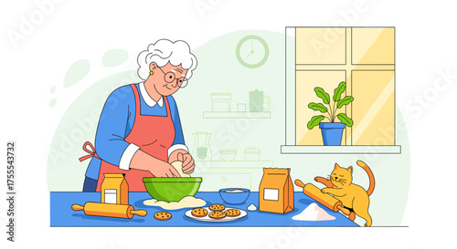 Grandmother baking cookies with a playful cat in a warm kitchen illustration