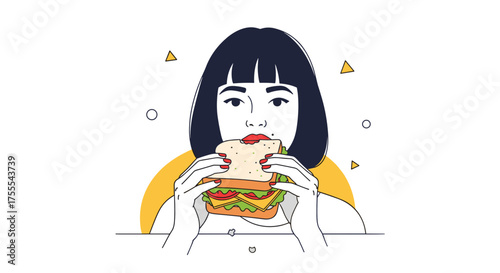 Young woman preparing to enjoy a delicious sandwich in a modern illustration