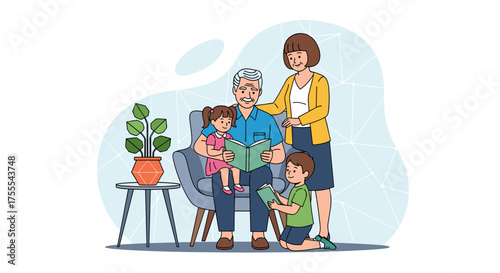 Grandfather reading to his grandchildren in a loving family illustration
