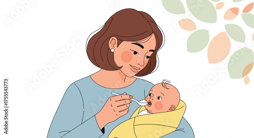 Mother feeding her baby in a nurturing and heartwarming illustration