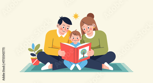 Family enjoying storytime together in a cozy illustration