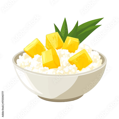 White Bowl of Sticky Rice with Yellow Pineapple Chunks and Green Leaves
