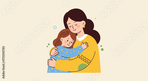 Mother and child sharing a warm hug in a loving illustration