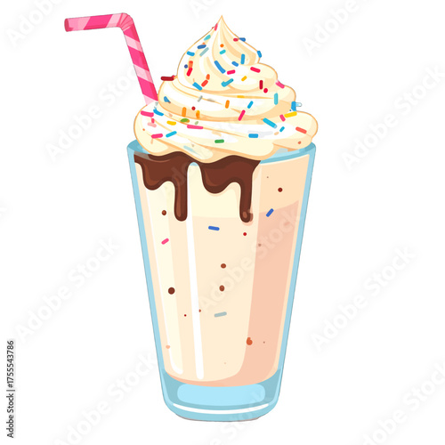 Colorful Dessert Pixel Art Featuring a Creamy Drink Topped with Sprinkles and Chocolate Drizzle in a Tall Glass on a Plain White Background