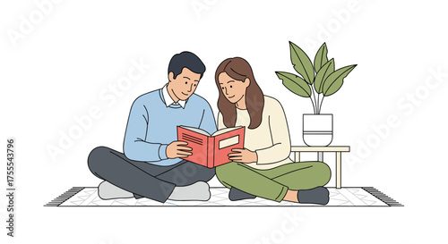 Couple enjoying a book together in a cozy indoor setting