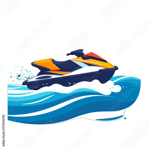 Orange And Blue Jet Ski On Wavy Blue Sea Illustration Pixelated Digital Art Isolated On White Background