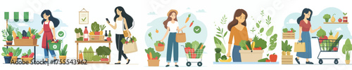 vector of woman shopping for fresh vegetables