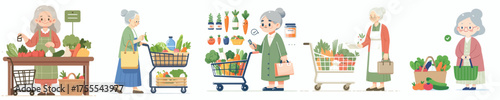 vector of grandmother shopping for fresh vegetables
