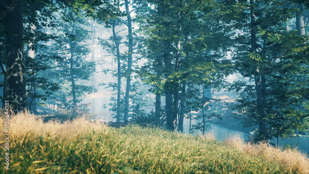 Obraz premium Golden sunlight beams through lush green trees in a tranquil forest. The grass sways gently, creating a peaceful and inviting atmosphere perfect for a nature walk.