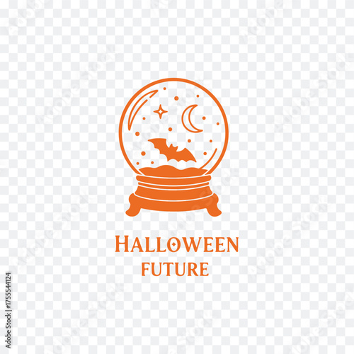 A Halloween-inspired crystal ball logo featuring bats, moon, and stars, perfect for spooky-themed designs and graphics.