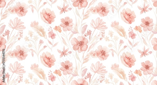 Delicate watercolor floral pattern with soft peach blossoms and gentle butterflies creating a serene and elegant backdrop for spring and summer designs.