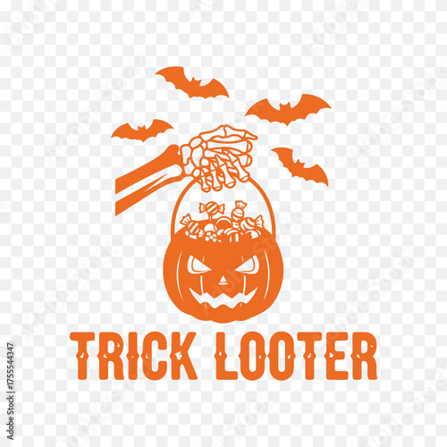 A Halloween logo featuring a jack-o'-lantern bucket filled with candy, bats, and text 'TRICK LOOTER' in orange.