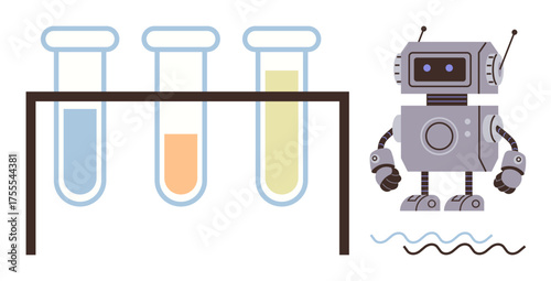 Robot beside colorful test tubes on rack symbolizing technological advances, innovation, and laboratory experimentation. Ideal for science, research, automation, AI, STEM, education lab work simple