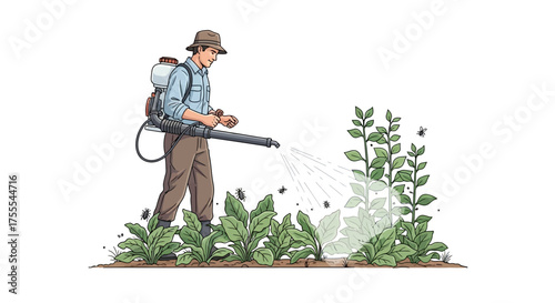 Agricultural Worker Spraying Crops with Backpack Sprayer for Pest Control and Plant Protection in a Farm Field