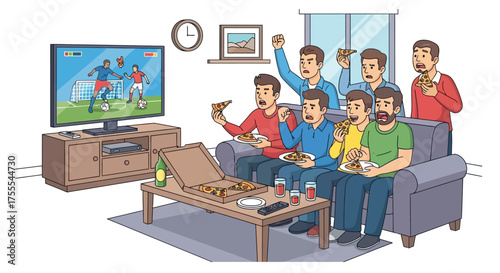 Friends watching a football match together on TV and enjoying pizza at home