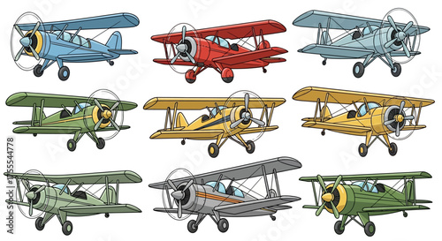 A vibrant collection of classic biplane illustrations. Set of colorful vintage propeller airplanes for aviation and transport design