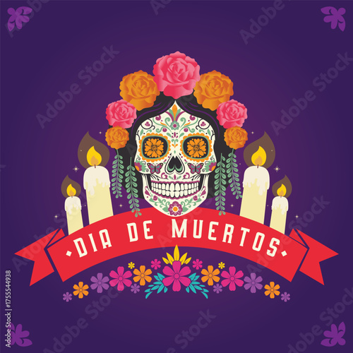Dia de Muertos festive card, poster, invitation design featuring candles, marigolds, and graceful Catrina framed in a vibrant floral composition with elegant flat style art