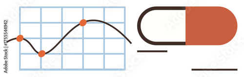 Line graph with data points on grid alongside a large red capsule highlights health progress, pharmaceutical trends, and medical research. Ideal for healthcare, data trends, pharmaceuticals, science