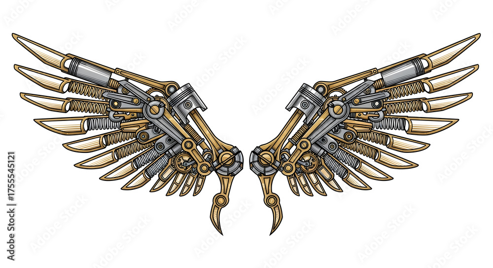 Fototapeta premium Intricate steampunk mechanical wings isolated on transparent background