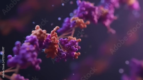 Microscopic rendering of a biopolymer structure, with purple and orange clustered components