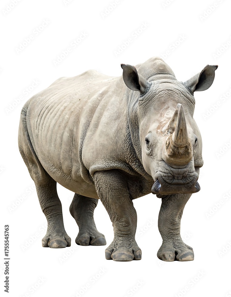 Fototapeta premium A large, imposing rhino, isolated on a white background. It stands, facing the viewer with its prominent horn and thick hide