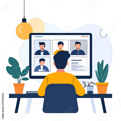 Digital Meeting Illustration with Four People on Screen Desk with Plants and Yellow Sweater in Warm Lighting Style