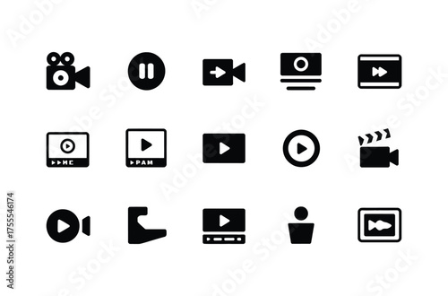 Collection of modern digital video player and camera icons for media and entertainment applications