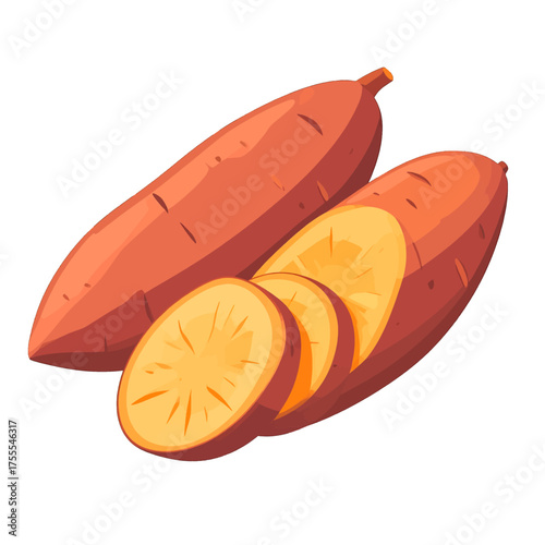 Two Orange Sweet Potatoes with Sliced Rounds Close Up Isolated Against a White Background in a Flat Digital Illustration Style with Warm Lighting