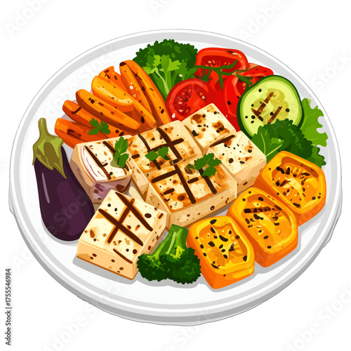 Grilled Tofu and Roasted Vegetables on White Plate with Broccoli Tomato Carrot Eggplant and Yellow Bell Pepper Pixel Art Style