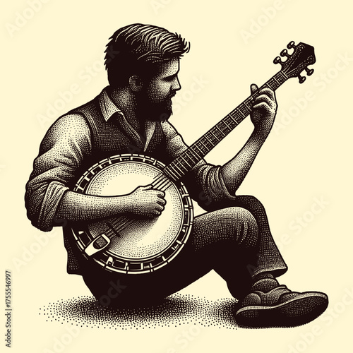 Vintage Banjo Player Musician Performing Engraving Style Vector Illustration