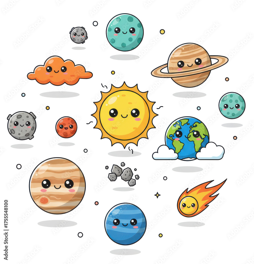 custom made wallpaper toronto digitalCute Cartoon Solar System Planets Sun Moon Asteroids and Comets with Happy Faces