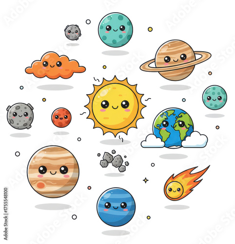 Wallpaper Mural Cute Cartoon Solar System Planets Sun Moon Asteroids and Comets with Happy Faces Torontodigital.ca
